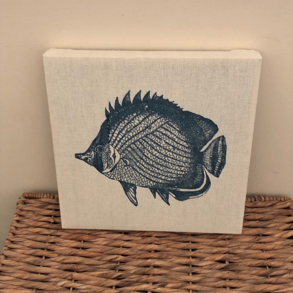 Something’s fishy 🐟! 12” X 12” navy & cream linen fish print